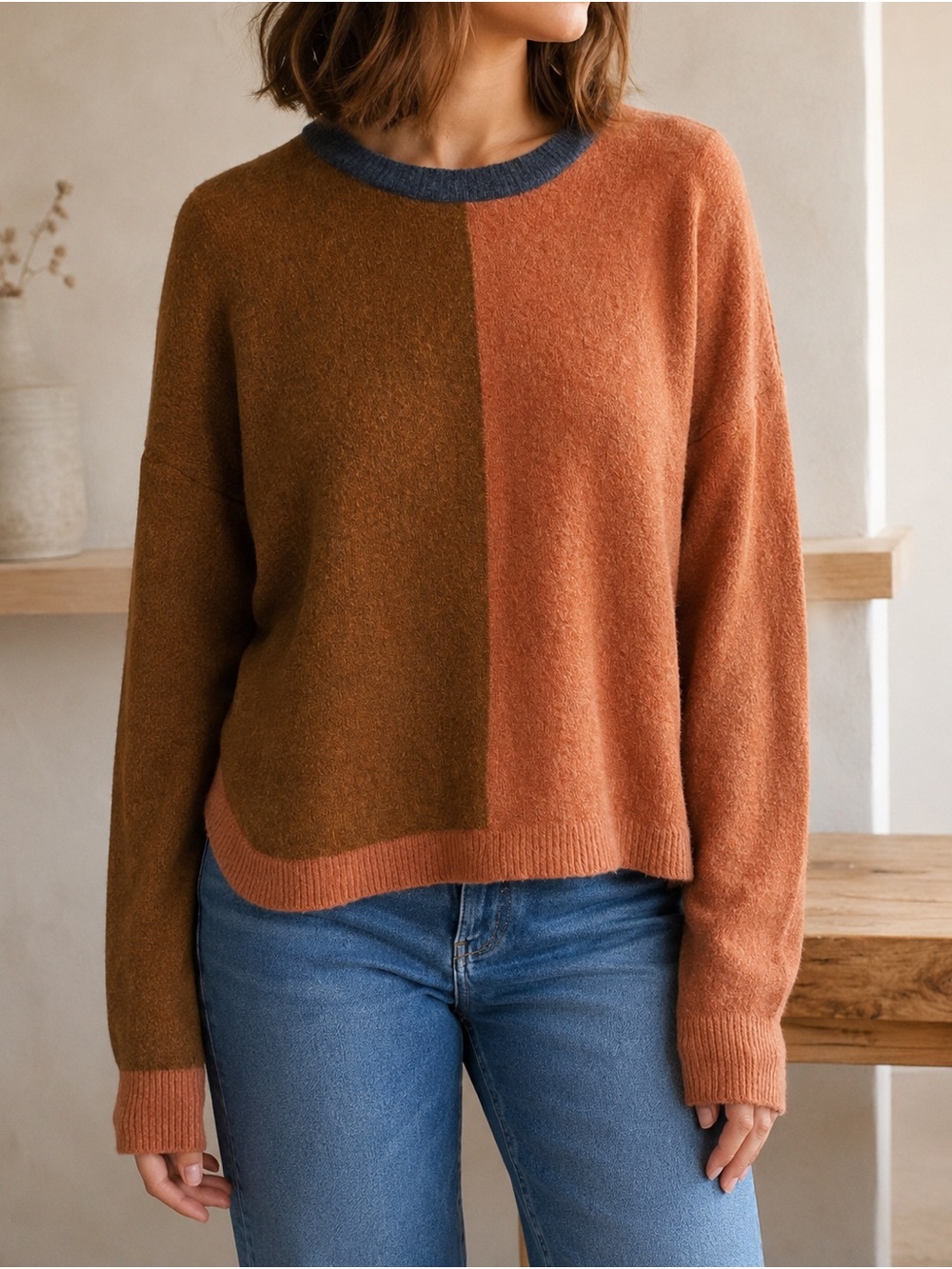 Madewell XS Colorblock Drop Shoulder Sweater Brown Rust Blue Cozy Knit